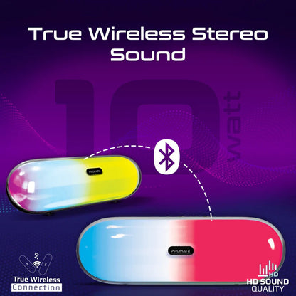 PROMATE LumiBar | 10W RGB Bluetooth Speaker with HD Sound, True Wireless Stereo, TF/USB Music Playback, and Water Resistance