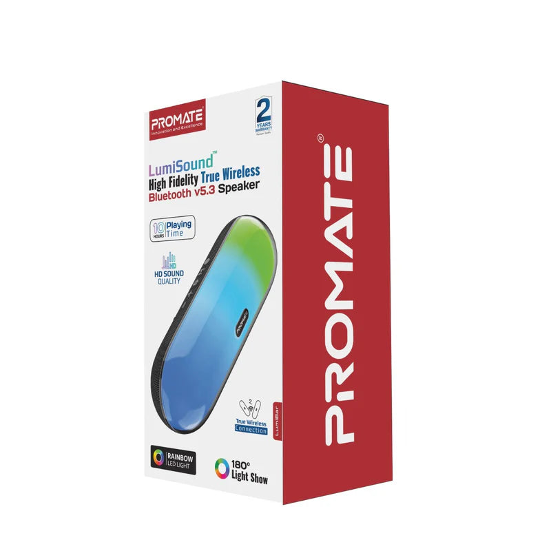 PROMATE LumiBar | 10W RGB Bluetooth Speaker with HD Sound, True Wireless Stereo, TF/USB Music Playback, and Water Resistance