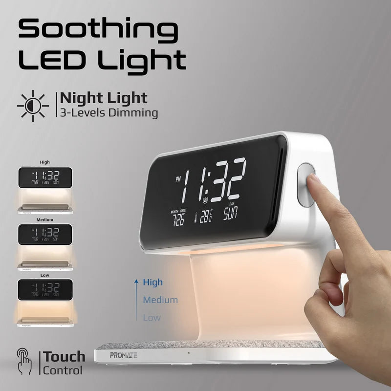 PROMATE Lumix-15W™ – 3-in-1 LED Alarm Clock with 15W Wireless Charger & Soothing Night Light
