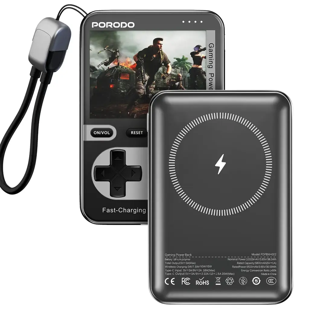 Porodo Arcadevolt 10000mAh MagSafe-Compatible Power Bank with 2.8” Gaming Screen – 20W PD & 15W Wireless Charging The Wonders Mart Trading™