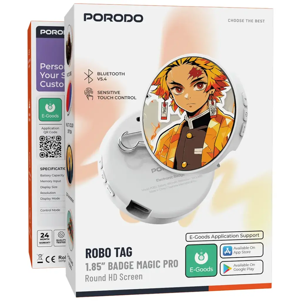 Porodo Robo Tag 1.85” Badge Magic Pro – Smart HD Display Badge with GIF & Video Support The Wonders Mart Trading™
