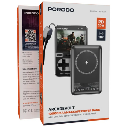 Porodo Arcadevolt 10000mAh MagSafe-Compatible Power Bank with 2.8” Gaming Screen – 20W PD & 15W Wireless Charging The Wonders Mart Trading™