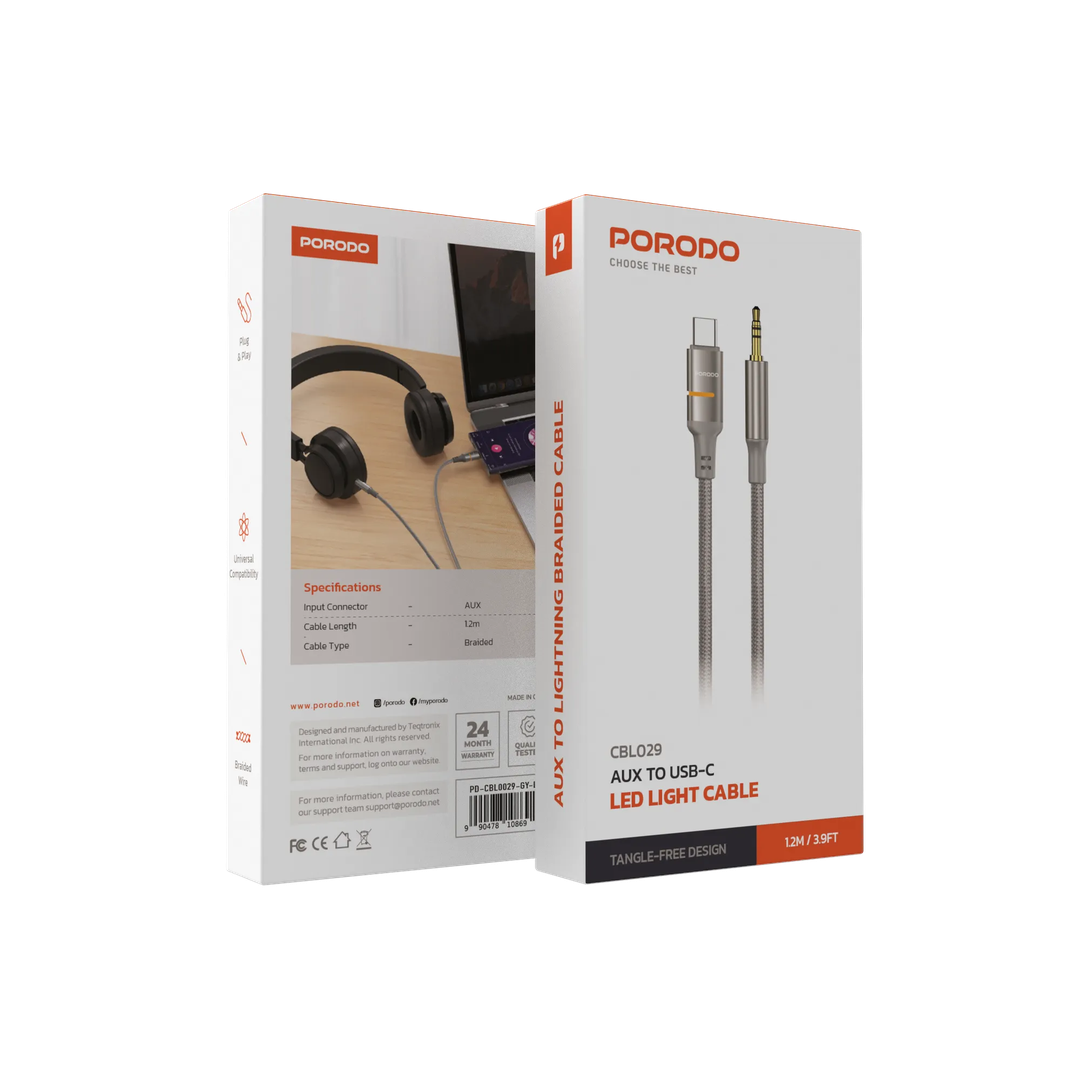 Porodo USB-C to 3.5mm Braided Audio Cable – 1.2M AUX Adapter (Grey) The Wonders Mart Trading™