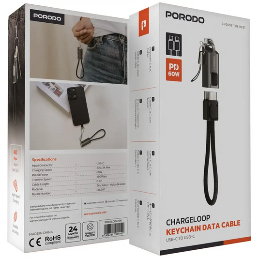 Porodo Chargeloop USB-C to USB-C Keychain Data Cable – 60W PD Fast Charging, 0.2m – Black