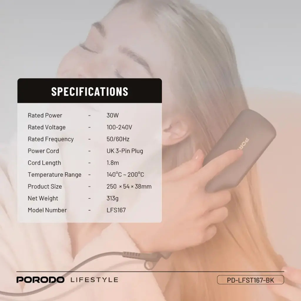 Porodo Lifestyle Electric Heated Hair Straightener Comb – Anti-Scald Ceramic Brush, 5 Temperature Settings, 30s Fast Heating, 70% Frizz Reduction – 33W, Dual Voltage, UK Plug – Black