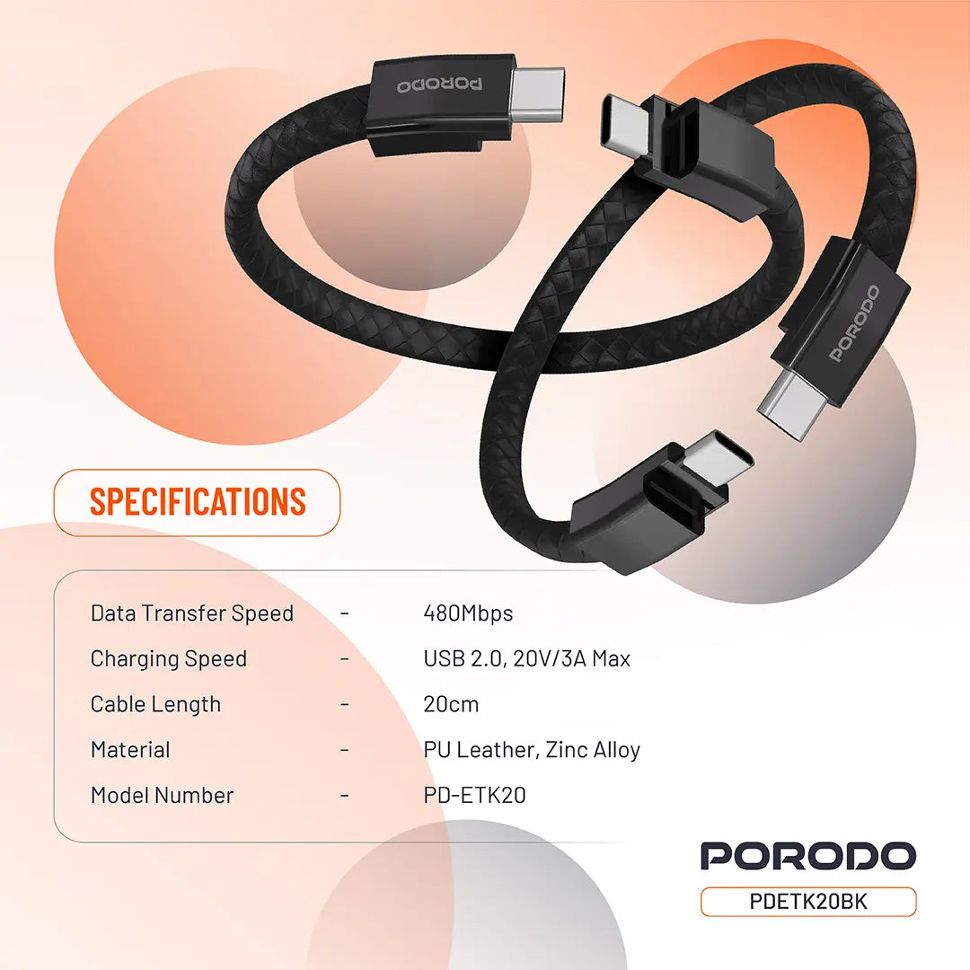 Porodo USB-C to USB-C Wristband Charging Cable – PD 60W, Magnetic Clasp – Black / Brown