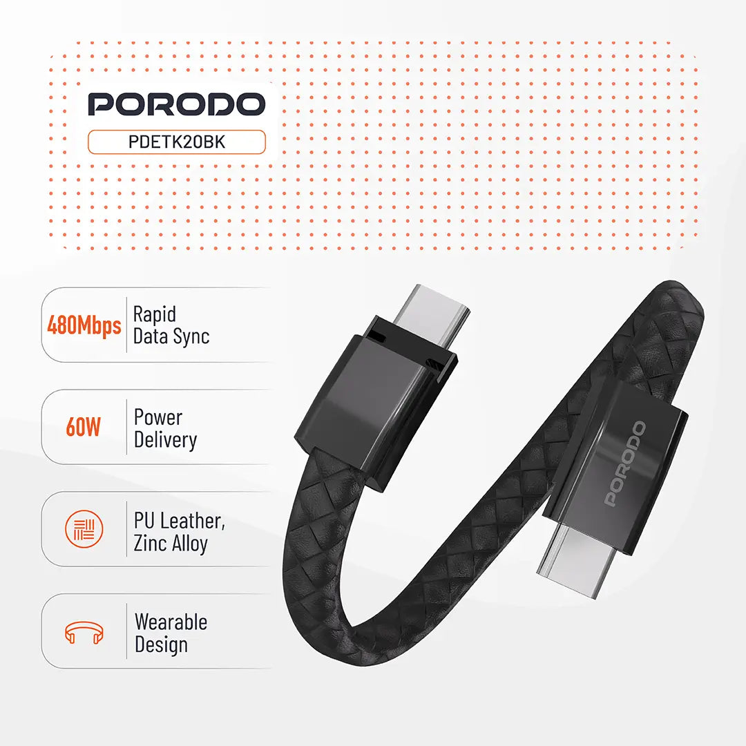 Porodo USB-C to USB-C Wristband Charging Cable – PD 60W, Magnetic Clasp – Black / Brown