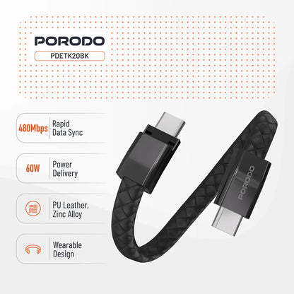 Porodo USB-C to USB-C Wristband Charging Cable – PD 60W, Magnetic Clasp – Black / Brown