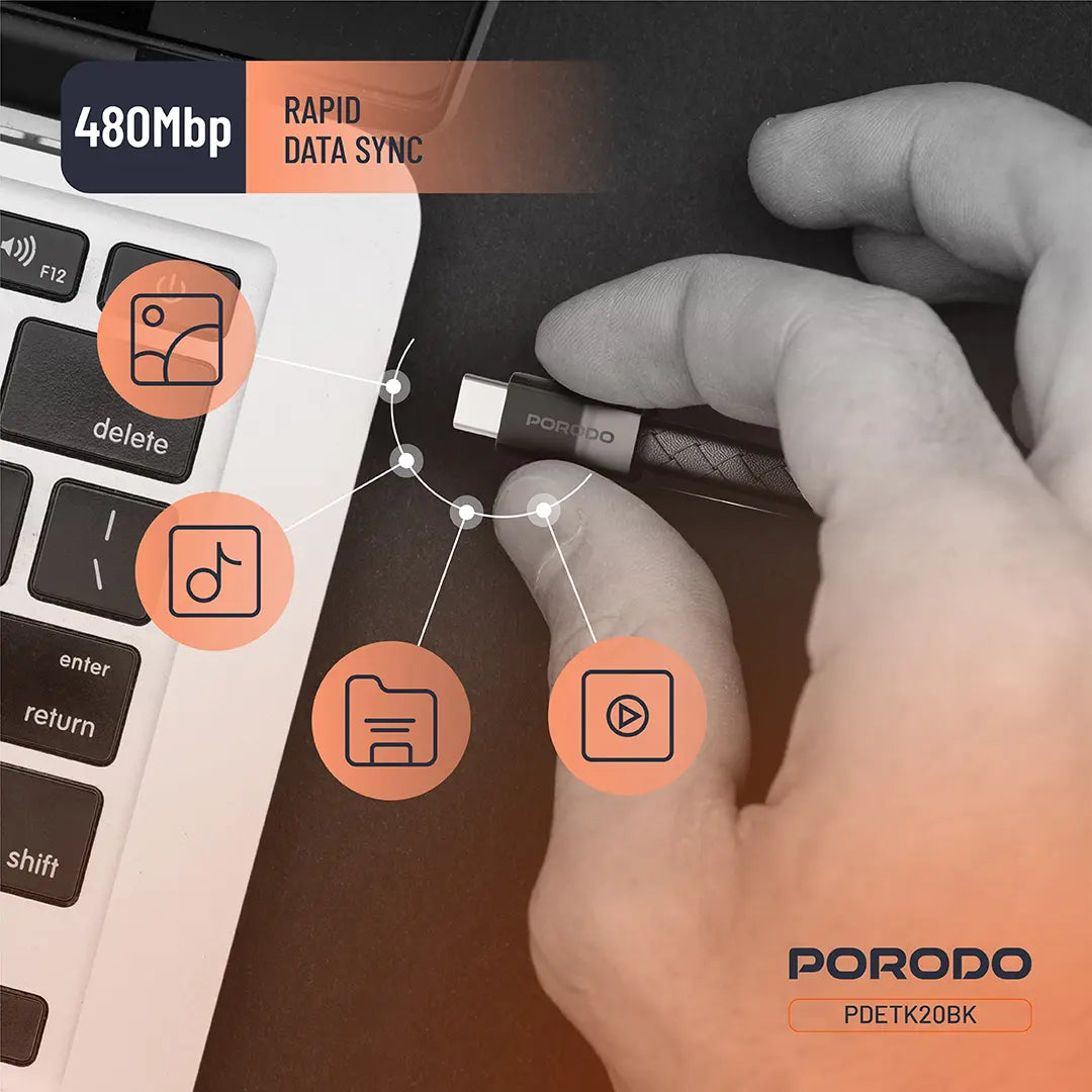 Porodo USB-C to USB-C Wristband Charging Cable – PD 60W, Magnetic Clasp – Black / Brown