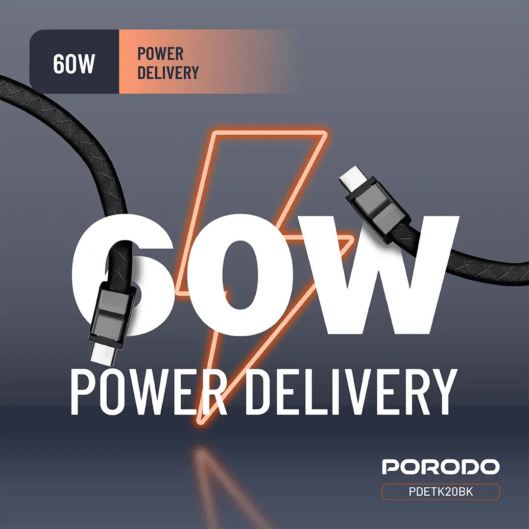 Porodo USB-C to USB-C Wristband Charging Cable – PD 60W, Magnetic Clasp – Black / Brown