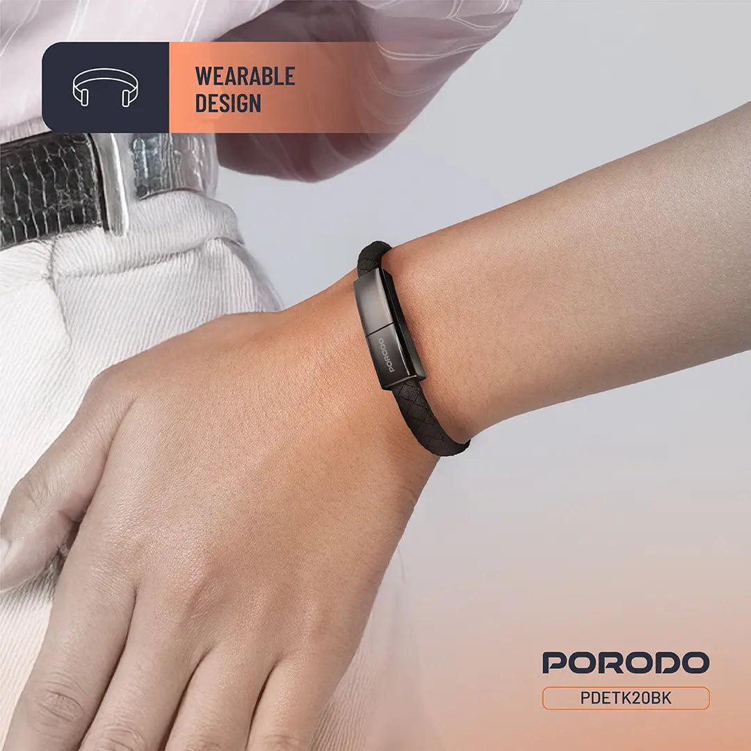 Porodo USB-C to USB-C Wristband Charging Cable – PD 60W, Magnetic Clasp – Black / Brown