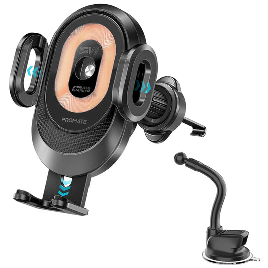 PROMATE PowerMount-2™ Transparent 15W Auto-Clamping Wireless Car Charger Mount – Smart Coil Alignment, Fast Charging, Stylish Design