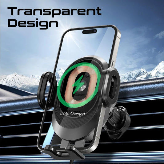 PROMATE PowerMount-2™ Transparent 15W Auto-Clamping Wireless Car Charger Mount – Smart Coil Alignment, Fast Charging, Stylish Design