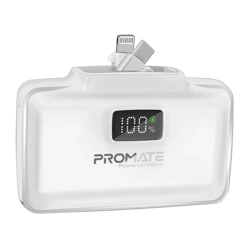 Promate PowerUp-10Duo | 10000mAh Ultra-Compact Power Bank with Built-In 20W USB-C & Lightning Foldable Connectors + LED Display + Kickstand
