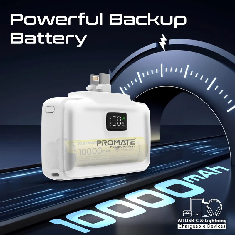 Promate PowerUp-10Duo | 10000mAh Ultra-Compact Power Bank with Built-In 20W USB-C & Lightning Foldable Connectors + LED Display + Kickstand