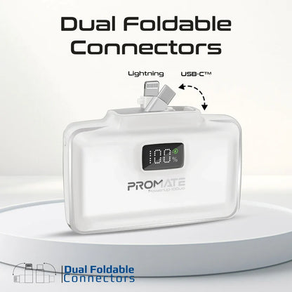 Promate PowerUp-10Duo | 10000mAh Ultra-Compact Power Bank with Built-In 20W USB-C & Lightning Foldable Connectors + LED Display + Kickstand