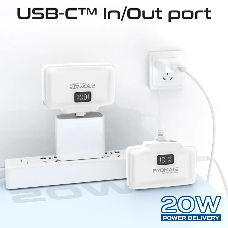 Promate PowerUp-10Duo | 10000mAh Ultra-Compact Power Bank with Built-In 20W USB-C & Lightning Foldable Connectors + LED Display + Kickstand