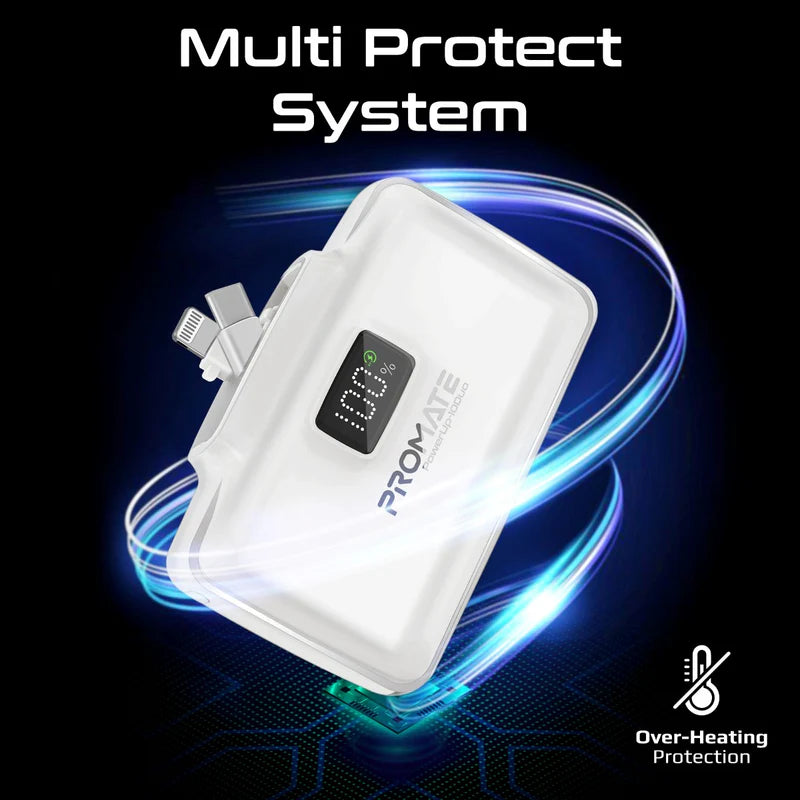 Promate PowerUp-10Duo | 10000mAh Ultra-Compact Power Bank with Built-In 20W USB-C & Lightning Foldable Connectors + LED Display + Kickstand