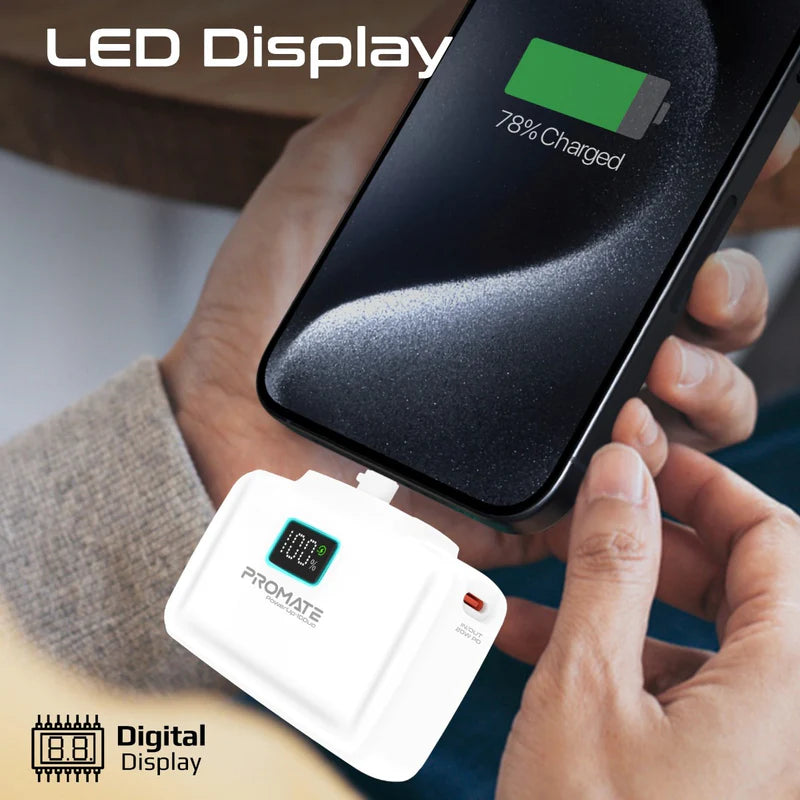 Promate PowerUp-10Duo | 10000mAh Ultra-Compact Power Bank with Built-In 20W USB-C & Lightning Foldable Connectors + LED Display + Kickstand