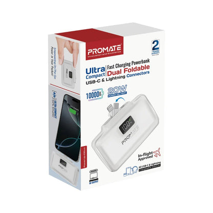 Promate PowerUp-10Duo | 10000mAh Ultra-Compact Power Bank with Built-In 20W USB-C & Lightning Foldable Connectors + LED Display + Kickstand