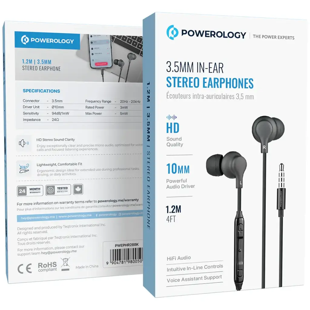 Powerology 3.5mm In-Ear Stereo Earphones with 3- Button Volume Control Mic - Black The Wonders Mart Trading™