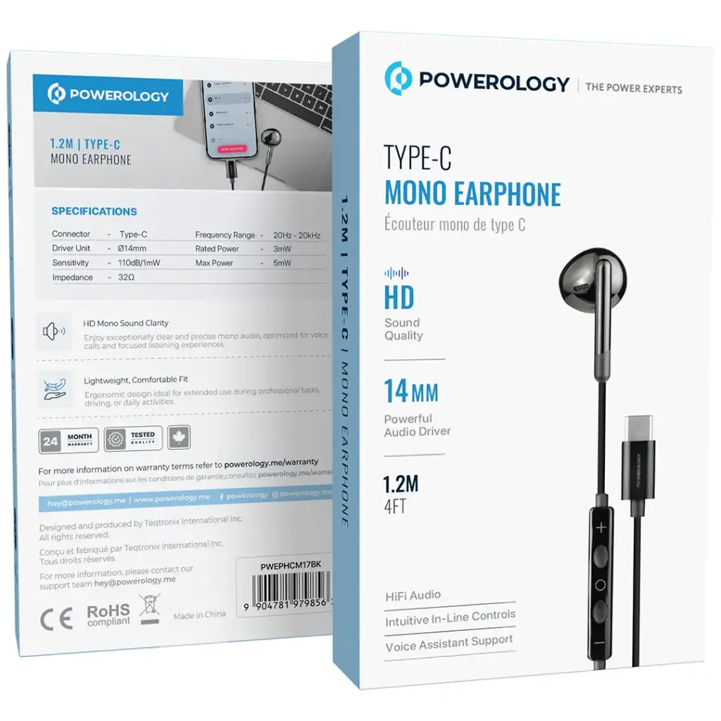 Powerology Type C Mono Earphones with 3- Button Volume Control Mic - Black The Wonders Mart Trading™