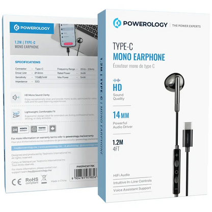Powerology Type C Mono Earphones with 3- Button Volume Control Mic - Black The Wonders Mart Trading™