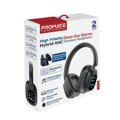 PROMATE VuTune™ Hybrid ANC Wireless Headphones with LCD Touch Screen – 50H Playtime, Foldable Design, Type-C Fast Charging, Premium Sound