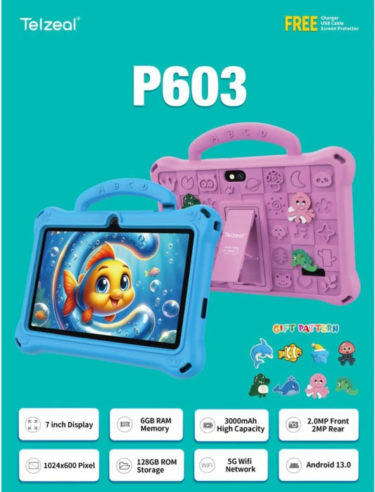 Telzeal P603 Kids Tablet – 7 Inch Display (6+128GB) 1024x600 HD Display, Wi-Fi, 3000mAh Battery, 2MP Front & Rear Cameras, Tempered Glass & Touch Panel + Free Gifts