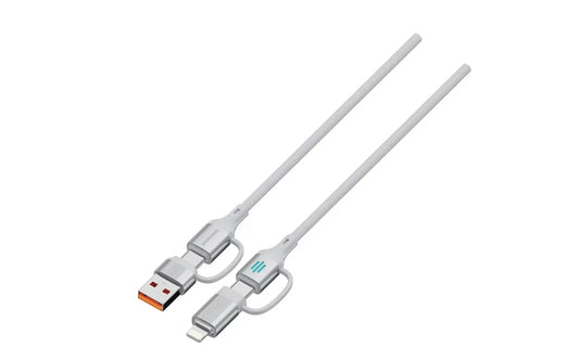 Porodo 4-in-1 High-Speed Charging Cable 240W, 1 Meter Length, USB-C/USB-A/Lightning Head Connector, 480Mbps Data Transfer Speed, Tangle-Free, Durable Braided Material (Silver)
