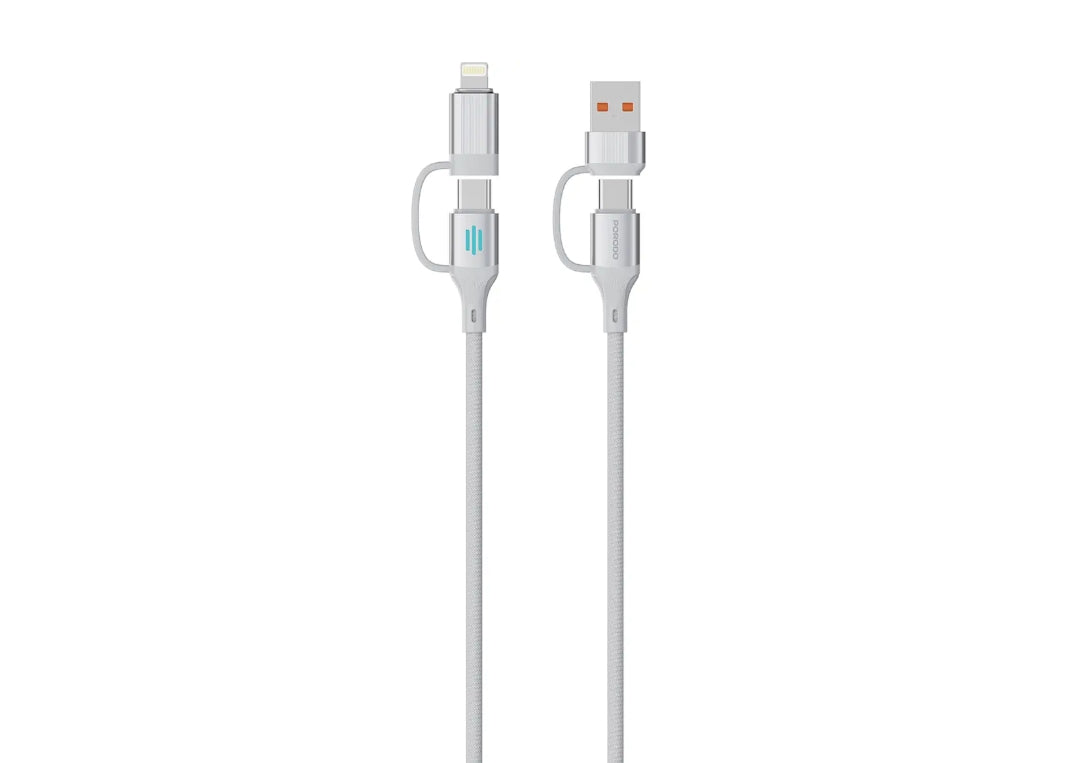 Porodo 4-in-1 High-Speed Charging Cable 240W, 1 Meter Length, USB-C/USB-A/Lightning Head Connector, 480Mbps Data Transfer Speed, Tangle-Free, Durable Braided Material (Silver)