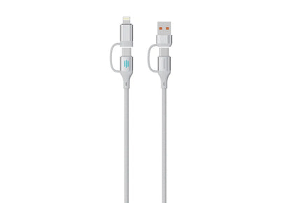 Porodo 4-in-1 High-Speed Charging Cable 240W, 1 Meter Length, USB-C/USB-A/Lightning Head Connector, 480Mbps Data Transfer Speed, Tangle-Free, Durable Braided Material (Silver)