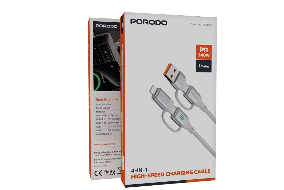 Porodo 4-in-1 High-Speed Charging Cable 240W, 1 Meter Length, USB-C/USB-A/Lightning Head Connector, 480Mbps Data Transfer Speed, Tangle-Free, Durable Braided Material (Silver)