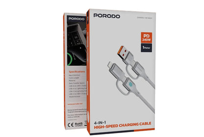 Porodo 4-in-1 High-Speed Charging Cable 240W, 1 Meter Length, USB-C/USB-A/Lightning Head Connector, 480Mbps Data Transfer Speed, Tangle-Free, Durable Braided Material (Silver)