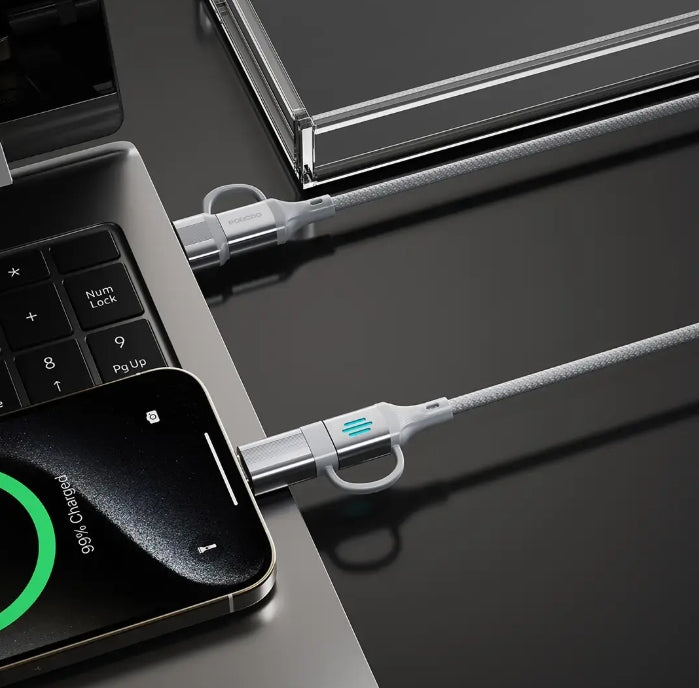Porodo 4-in-1 High-Speed Charging Cable 240W, 1 Meter Length, USB-C/USB-A/Lightning Head Connector, 480Mbps Data Transfer Speed, Tangle-Free, Durable Braided Material (Silver)