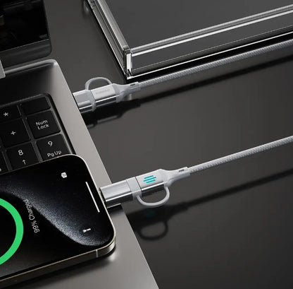 Porodo 4-in-1 High-Speed Charging Cable 240W, 1 Meter Length, USB-C/USB-A/Lightning Head Connector, 480Mbps Data Transfer Speed, Tangle-Free, Durable Braided Material (Silver)