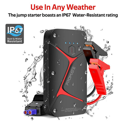 PROMATE SparkTank-16 | Heavy-Duty 16000mAh Car Jump Starter Power Bank with IP67 Water Resistance, Dual USB Output, LED Light & Smart Safety Clamps