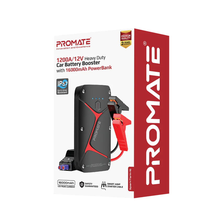 PROMATE SparkTank-16 | Heavy-Duty 16000mAh Car Jump Starter Power Bank with IP67 Water Resistance, Dual USB Output, LED Light & Smart Safety Clamps