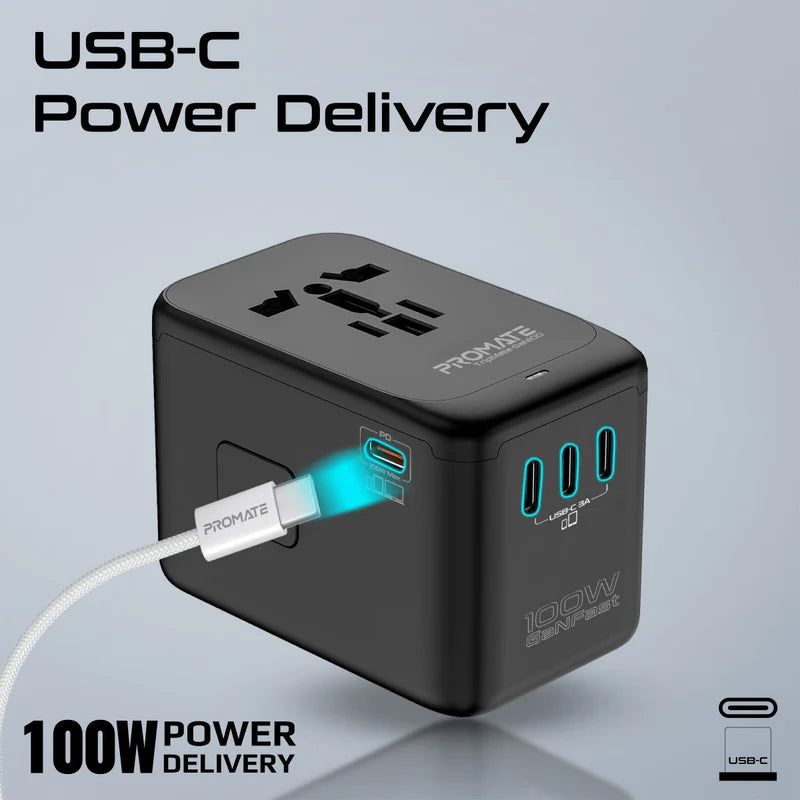 Promate TripMate-GaN100 | 100W GaNFast™ Universal Travel Adapter with 4 USB-C PD, USB-A QC, and AC Socket – Slide-Out Plug – Auto-Resetting Fuse – Worldwide Compatibility