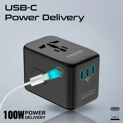 Promate TripMate-GaN100 | 100W GaNFast™ Universal Travel Adapter with 4 USB-C PD, USB-A QC, and AC Socket – Slide-Out Plug – Auto-Resetting Fuse – Worldwide Compatibility