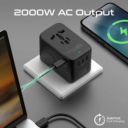 Promate TripMate-GaN100 | 100W GaNFast™ Universal Travel Adapter with 4 USB-C PD, USB-A QC, and AC Socket – Slide-Out Plug – Auto-Resetting Fuse – Worldwide Compatibility