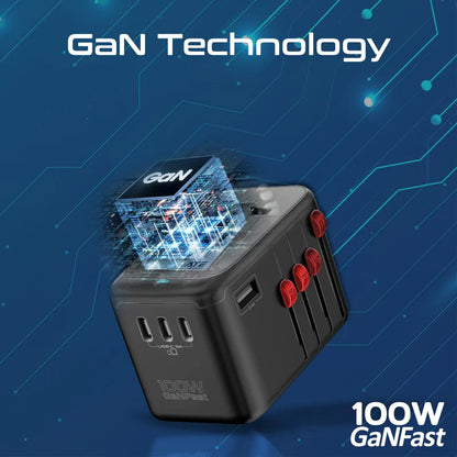 Promate TripMate-GaN100 | 100W GaNFast™ Universal Travel Adapter with 4 USB-C PD, USB-A QC, and AC Socket – Slide-Out Plug – Auto-Resetting Fuse – Worldwide Compatibility