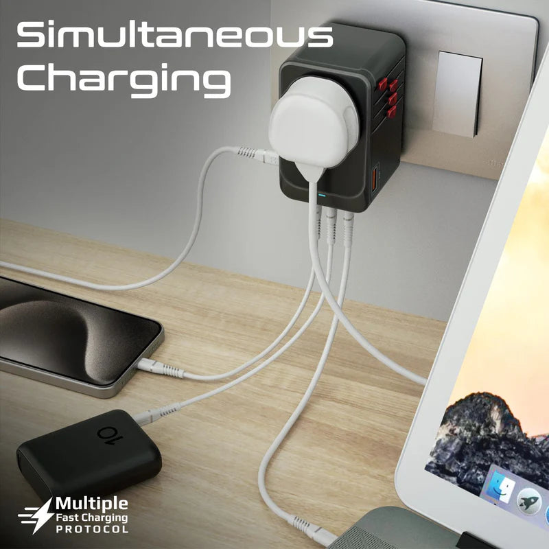 Promate TripMate-GaN100 | 100W GaNFast™ Universal Travel Adapter with 4 USB-C PD, USB-A QC, and AC Socket – Slide-Out Plug – Auto-Resetting Fuse – Worldwide Compatibility