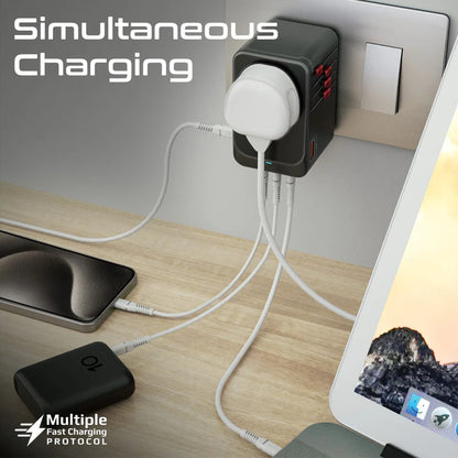 Promate TripMate-GaN100 | 100W GaNFast™ Universal Travel Adapter with 4 USB-C PD, USB-A QC, and AC Socket – Slide-Out Plug – Auto-Resetting Fuse – Worldwide Compatibility