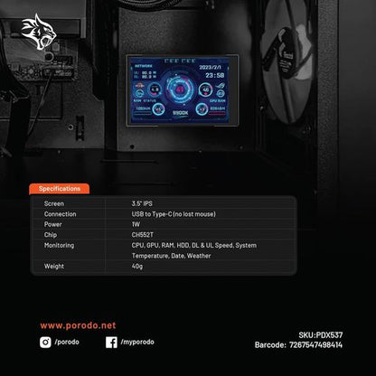 Porodo Gaming 3.5" Mini Smart PC Health Monitoring Screen – Plug & Play Performance Display