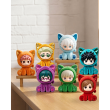 All seven Jujutsu Kaisen Sitting Cat Party plush designs arranged on wooden display steps