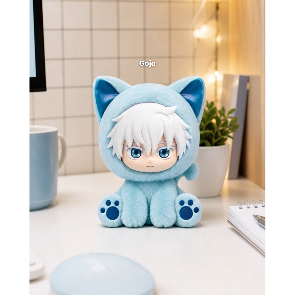 
Satoru Gojo Sitting Cat Party plush pendant in a styled desktop scene