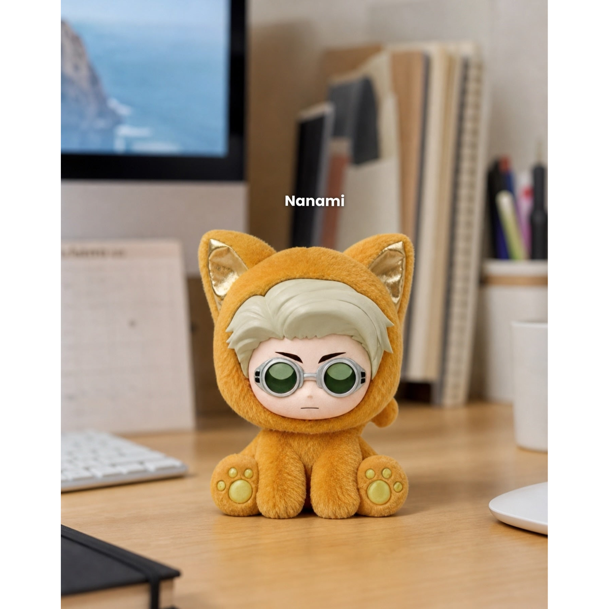 
Kento Nanami Sitting Cat Party plush pendant in a styled desktop scene