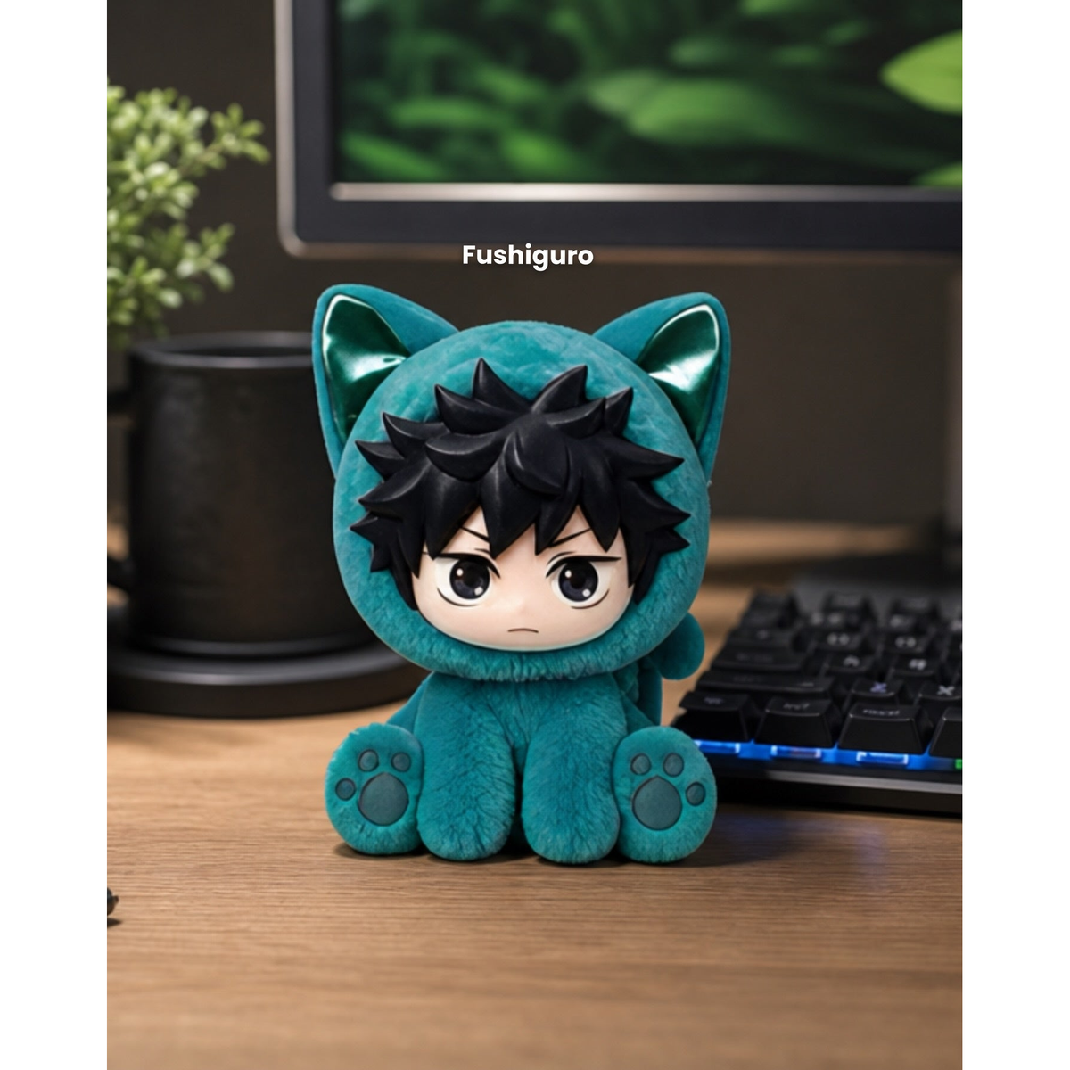 
Megumi Fushiguro Sitting Cat Party plush pendant in a styled desktop scene