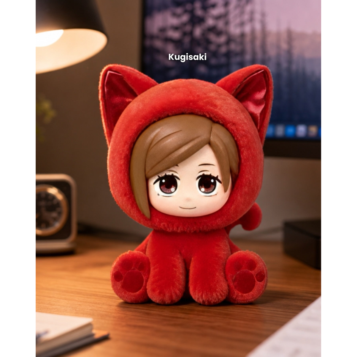 
Nobara Kugisaki Sitting Cat Party plush pendant in a styled desktop scene